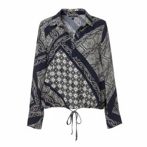 Melanie Lyne Navy Blue and White Pattern V-Neck Blouse, Waist Tie | Size 8